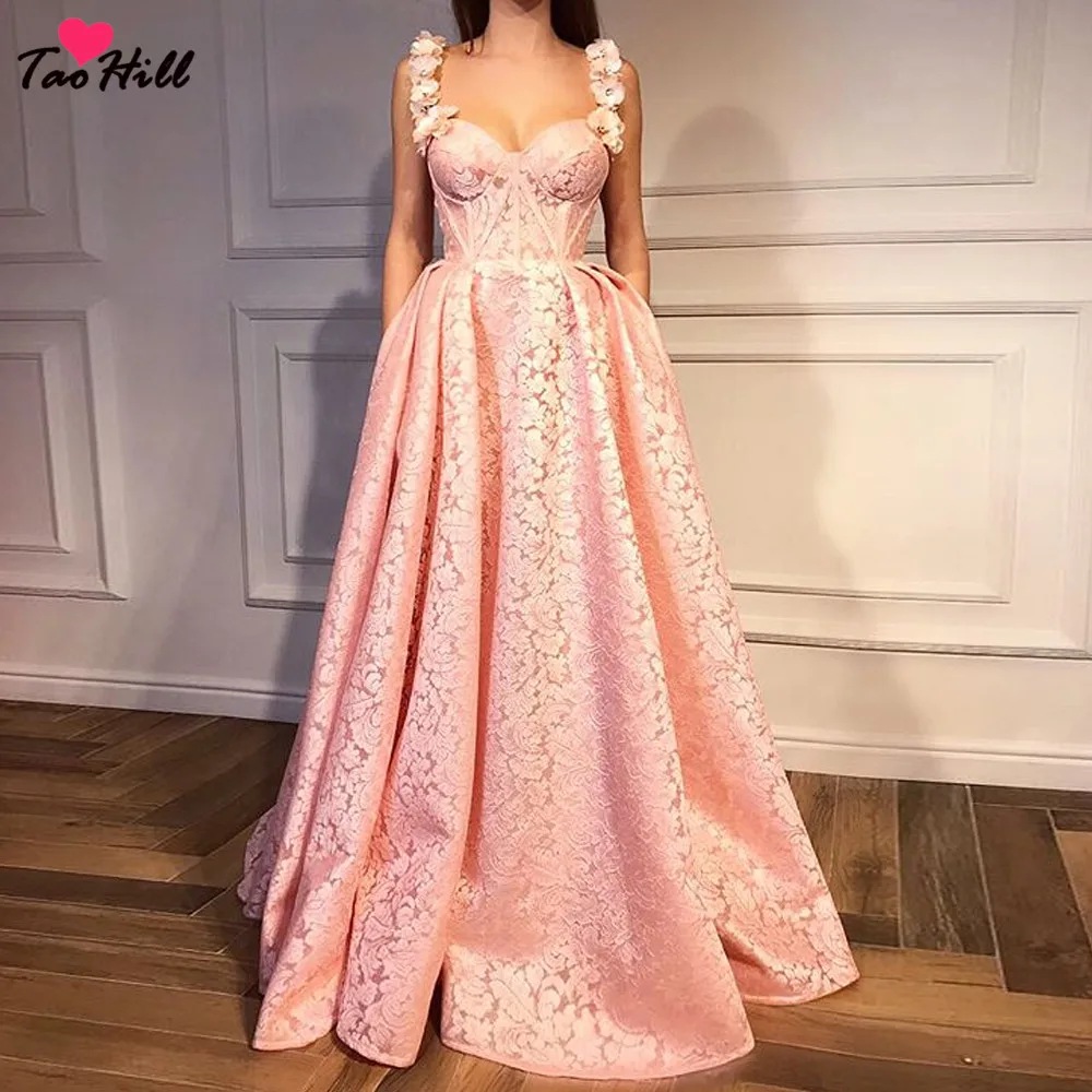 TaoHill винтажные Цветочные ремешки трапециевидной формы с милым вырезом высокого класса Vestidos De Fiesta De Noche с карманом розовое вечернее платье