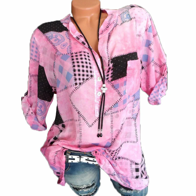 

Large size Women's Blouse 2019 spring and autumn new casual V-neck long-sleeved shirt printed pocket shirt S-5XL