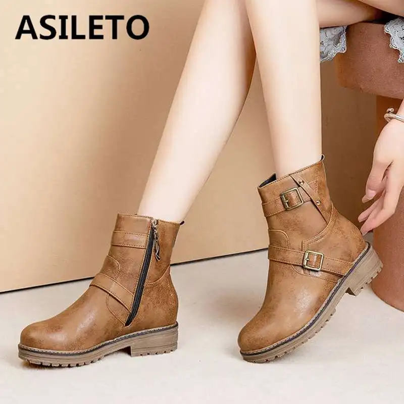 

ASILETO Retro low heel Ankle boots for women motorcycle buckle Zipper riding boots Western Booties casual footwear big size 44