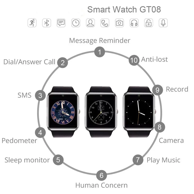 Смарт-часы с Bluetooth GT08, умные часы, трекер сна, будильник, циферблат, сообщение, напоминание о звонках, SIM TF камера, умные часы для Android
