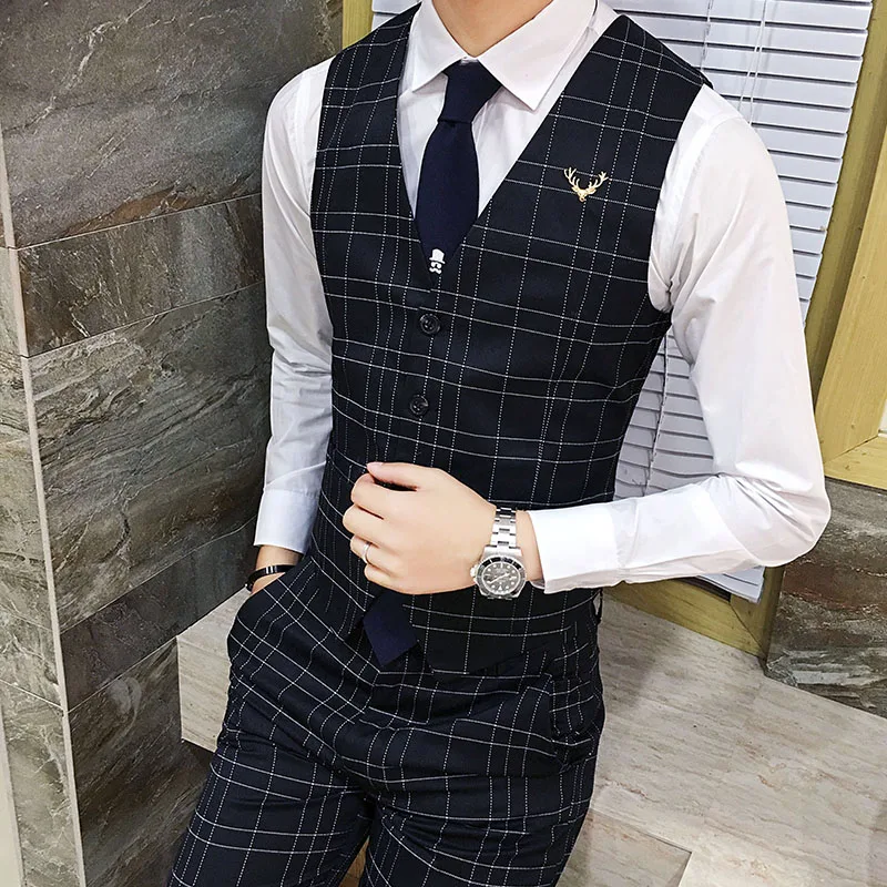 

Men's Business Casual Slim Career 2018 Spring England Plaid V-neck Sleeveless Vest Waistcoat ,Fashion gentleman tight suit Vests