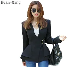 Новые Корейские осенние женские винтажные короткие блейзеры с v-образным вырезом и оборками, пальто, тонкий офисный черный и белый блейзер с длинными рукавами, Mujer