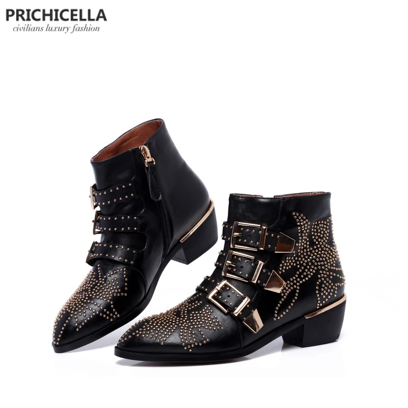 PRICHICELLA genuine leather women gold studded strap ankle boots low