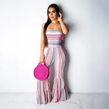 

2019 Colorful Stripe Pattern Jumpsuit Spaghetti Straps High Waist Loose Flare Pants Sleeveless Bandage Boot Cut Playsuit