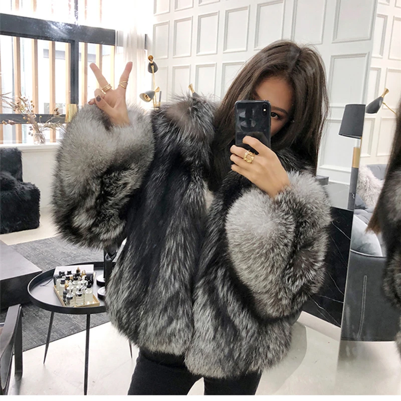 

Silver Fox Fur Women Regular Collar Coat Black Real Fox Whole Skin Fur Winter Thick Soft Warm Fox Fur Jacket