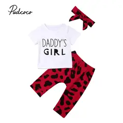 Красная леопардовая Одежда для маленьких девочек 0-24 месяцев, День отца, милая летняя белая футболка, Топы, штаны, повязка на голову