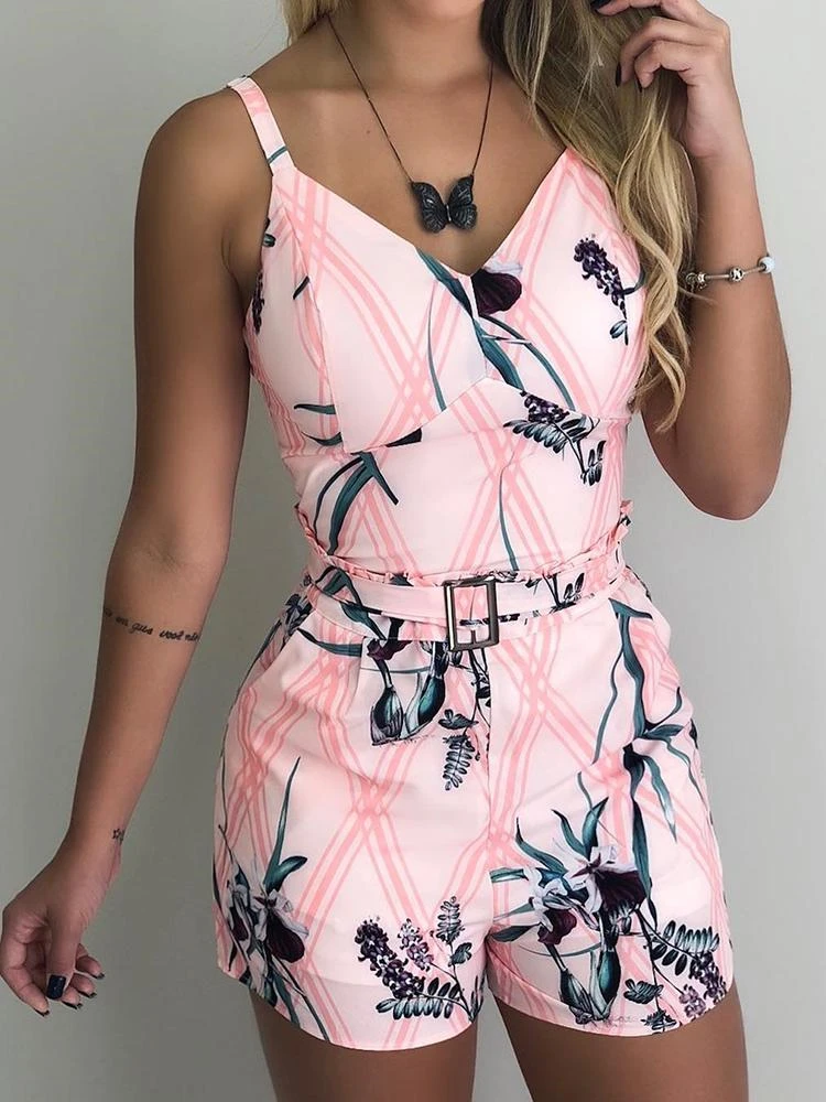 

2019 Summer Women Elegant Vacation Leisure Suit Sets V-Neck Casual Short Sets Tropical Print Thin Strap Top & Short Set