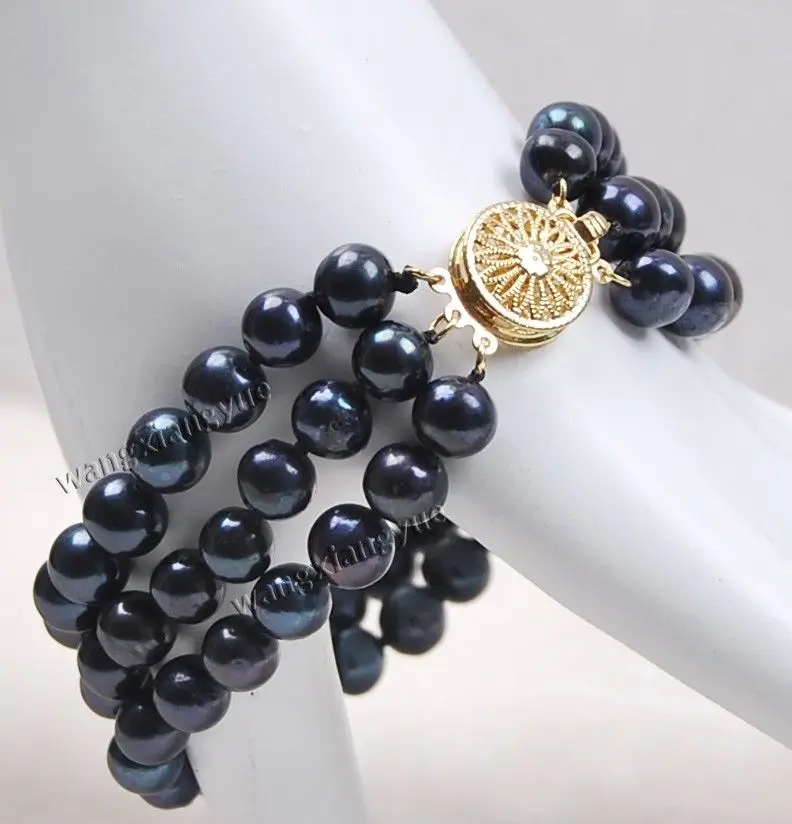 

8-8.5MM 3Rows Natural Black Akoya Cultured Pearl 14KGP GP Clasp Bracelet 7.5"@^Noble style Natural Fine jewe SHIPPING 6.2