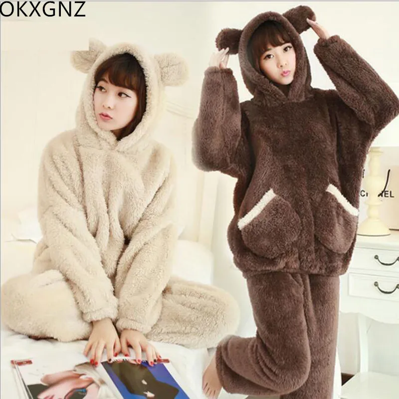 

Women's Winter Long-sleeved Hooded Thick Coral Velvet Pajamas Female Teen Cute Warm Flannel Home Service Suit Animal Ear A263