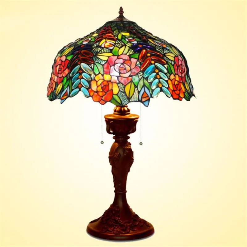 Винтажная Роскошная настольная лампа Tiffany с цветными стеклянными розами для фойе, спальни, квартиры, стеклянного светильника диаметром 43 см 1113
