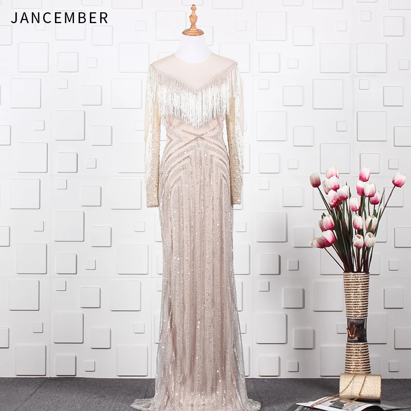 JANCEMBER платья на выпускной Beading Crystal Pattern Tassel O-Neck Full Sleeve Illusion Straight Floor-Length prom dresses