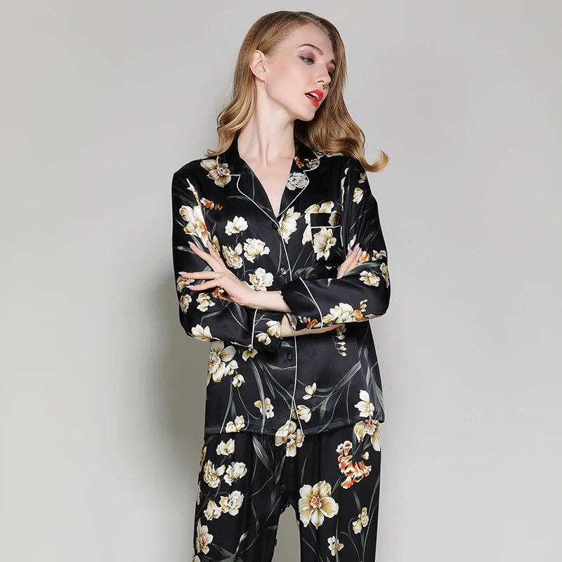 

women 100% silk pajama sets spring autumn 2019 new female brandblack sexy flower print two pieces sets home sleepwear nightwear
