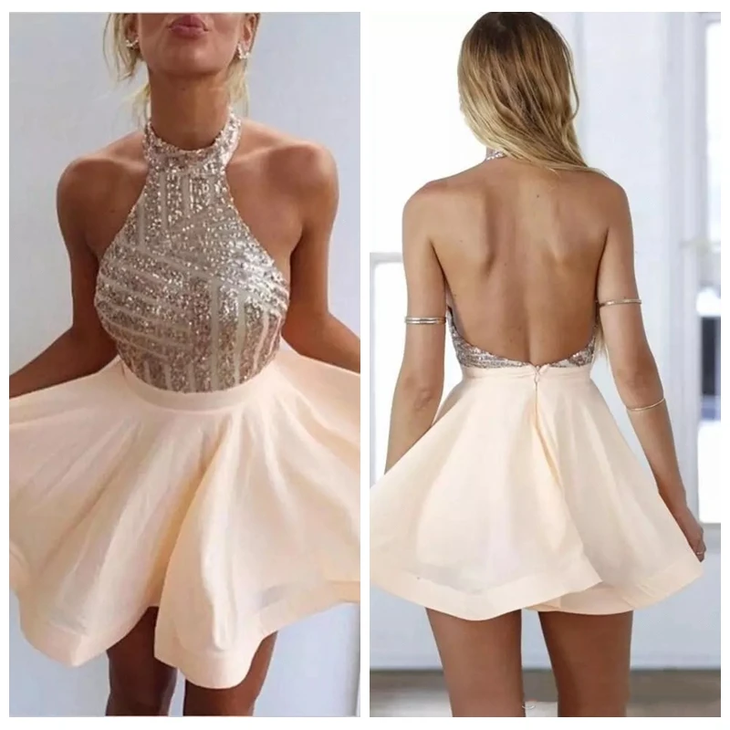 

Halter 2019 Rose Gold Sequins Top A-Line Homecoming Dresses Short Mini Vestidos De Soiree Graduation Party Gowns Backless Cheap