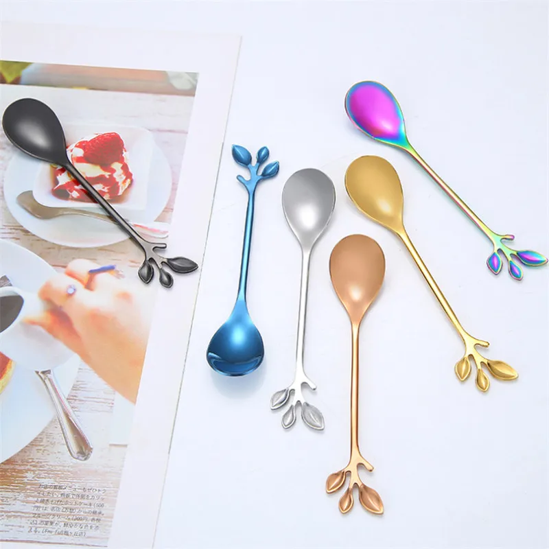 

Retro Korean Coffee Spoon Fruit Forks 304 Stainless Steel Branch Pattern Short Handle Polishing Dessert Scoop Kitchen Tableware