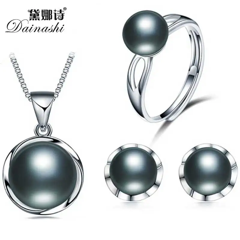 

2019 New Natural Pearl Jewelry Set Pendant Necklace & Earring & Ring Set For Women Silver Plated Jewelry 4 Colors Gift Box