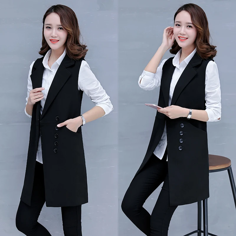Women's Spring Autumn Sleeveless Blazer lattice Vest Long Vest Waistcoat Female Women Outwear Jacket Pocket Coat Black/gray