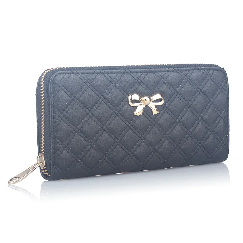 

Women Solid Pure Black PU Leather Single Zipper Long Wallet Lady Soft Elastic Sponge Plaid Rhombic Metal Bow-Knot Purse Wa0135