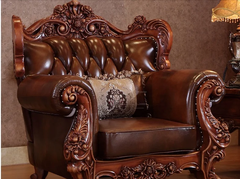 luxury italian red oak solid wood leather sofas living room furniture sets from China-PRF3027