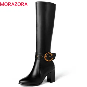 

MORAZORA 2020 top quality genuine leather boots round toe high heels female shoes autumn winter knee high boots big size 33-43