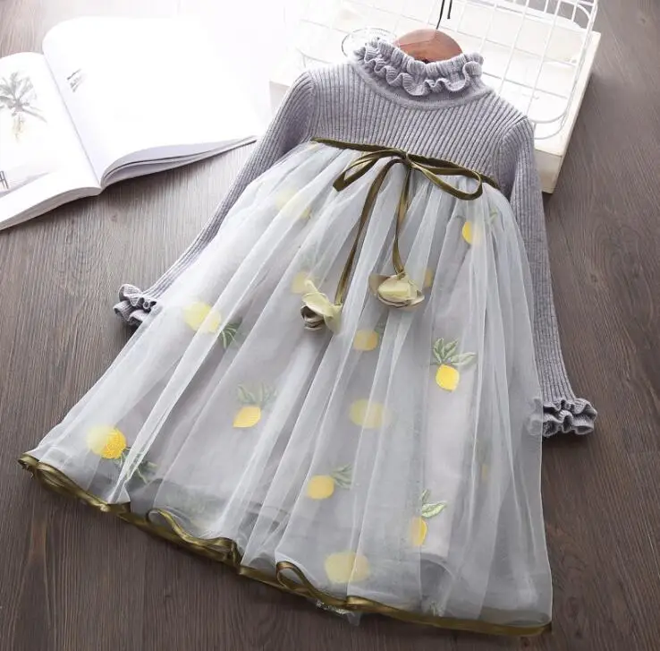 Новые осенние детские цветочные сетки Вязание платья, 2018 г. платье принцессы модная одежда для девочек милое платье 5 штук в партии оптовая