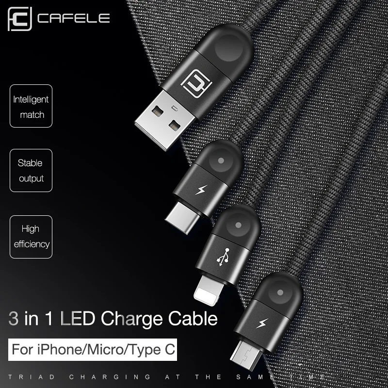 Cafele 3 в 1 USB кабель для iPhone Micro usb type C кабель светодиодный провод для быстрого заряда для huawei Xiaomi samsung Синхронизация данных