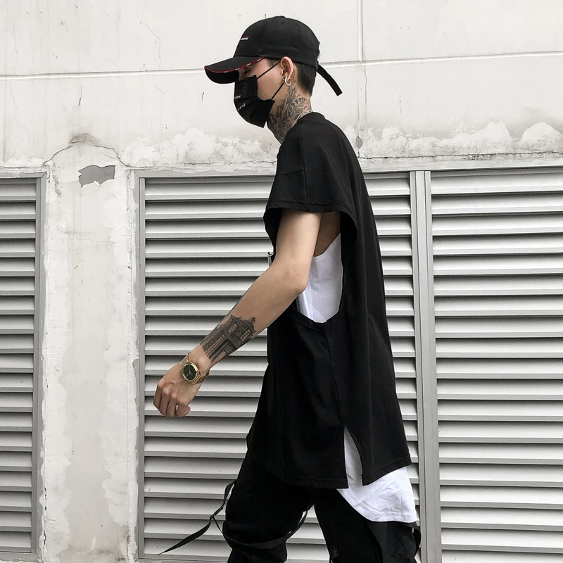 

summer men clothes 2019 sleeveless Hip-hop wide shoulder vest casual male loose anime shirt streetwear Free postage