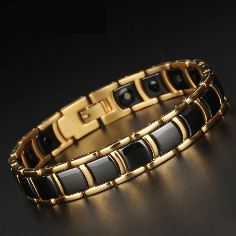 

TrustyLan Golden Stainless Steel Handmade Jewelry Classic Link Magnetic Bracelet Men Health Friendship Mens Ceramic Bracelets