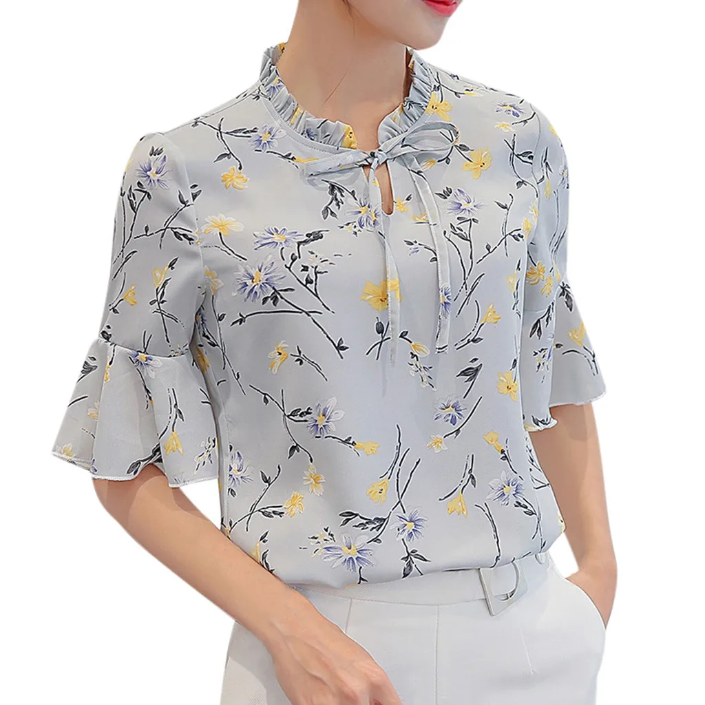 Women Blouse 2019 Women Summer Work Office Flare Sleeve Bow Tie Floral Print Chiffon Tee Shirt Top