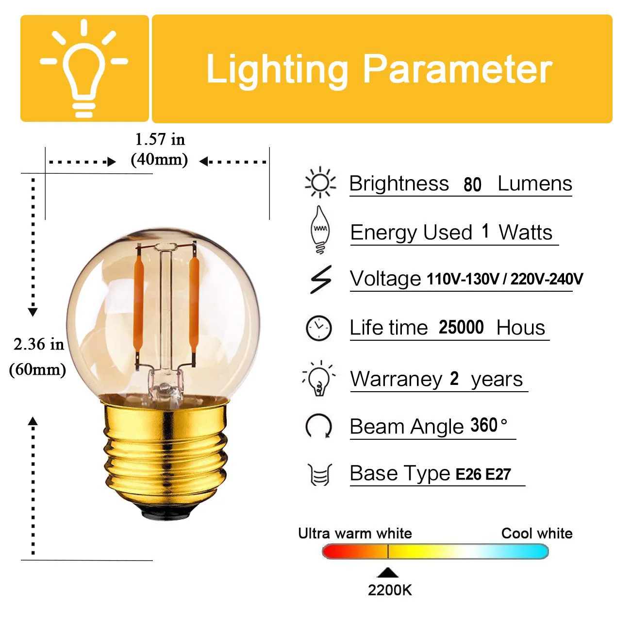 GANRILAND, золотой Диммируемый светодиодный светильник Edison G40, 110 В, 220 В, 1 Вт, E27, светодиодный светильник с нитью накаливания, янтарный, теплый, 2200 K, для дома, бара, магазина