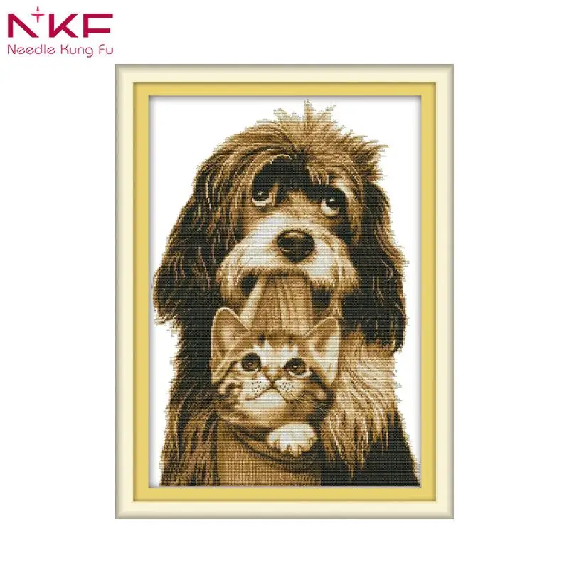 

NKF The Dog Gently Bites The Kitten Cross Stitch Kits Dog Pattern DMC Printed Canvas Home Decor Needlework Kits