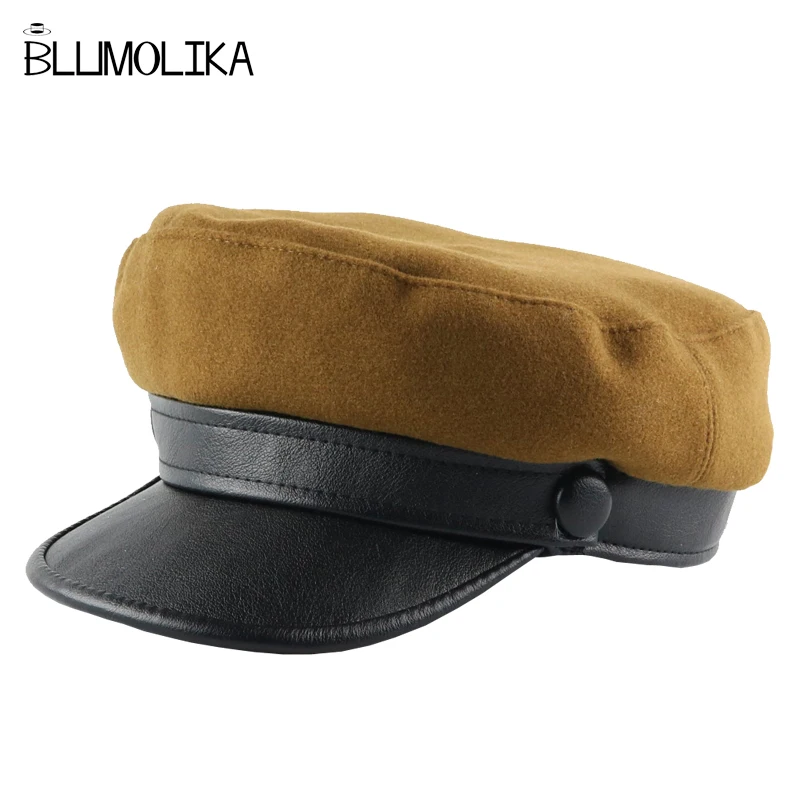 

New Fashion Women Military Beret Hats PU Wool Flat Top Winter Hats for Lady High Quality Snapback Casual Army Caps Wholesale