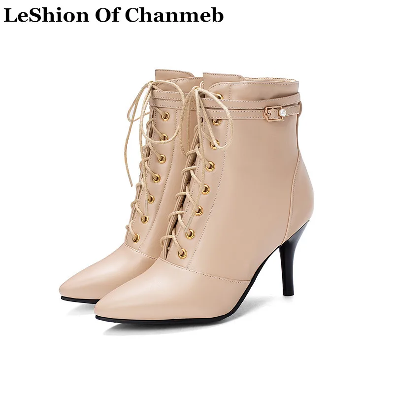 

2020 sexy soft PU leather booties for women ladies lace up zipper high heels pearl buckle strap boots shoes ladies size 33-48