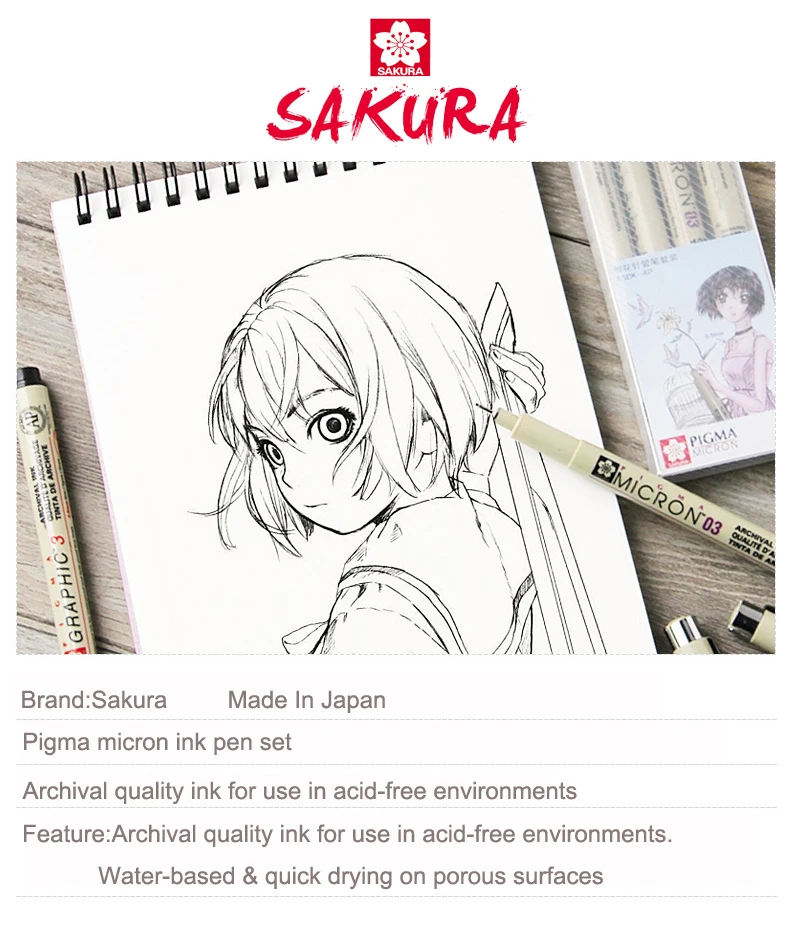 Sakura 6 шт. ручка Pigma micron, ручки для рисования пигментными чернилами, манга, базовый набор для художника 005,01, 05,08, FB кисть, гелли рулон белого цвета