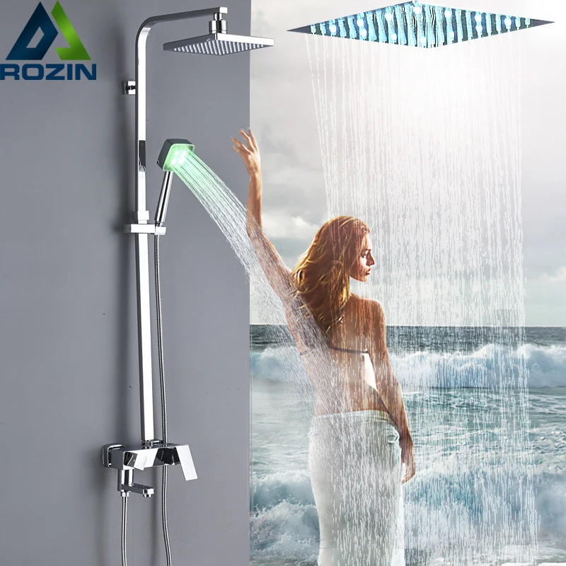 

Modern Wall Mounted 8" Chrome Shower Faucet Column Set Single Handle LED Light Rain Shower Head and Handshower
