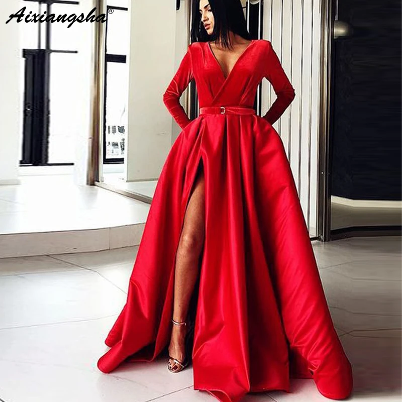 

Gorgeous Red Muslim Evening Dresses 2018 Ball Gown V Neck Long Sleeves Split Satin Dubai Kaftan Saudi Arabic Long Evening Gown