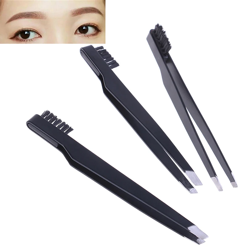 

1pc Eyebrow Tweezer With Eyebrow Brush Comb Stainless Steel Eyelashes Extension Tweezers Double Eyelids Pinzette Clip