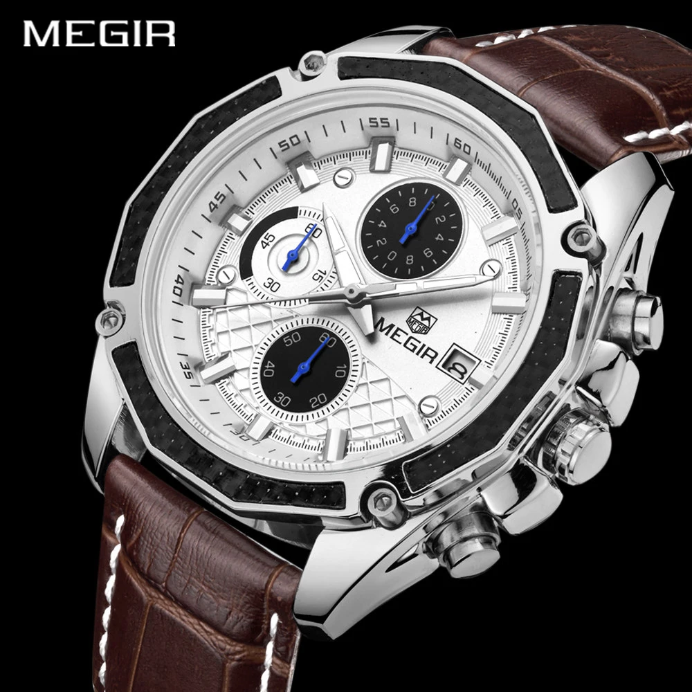 

Genuine MEGIR quartz male watches Genuine Leather watches racing men Students game Run Chronograph Watch male glow hands