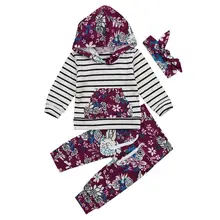 Топ с цветочным принтом и капюшоном для новорожденных девочек+ длинные штаны комплект одежды из 3 предметов