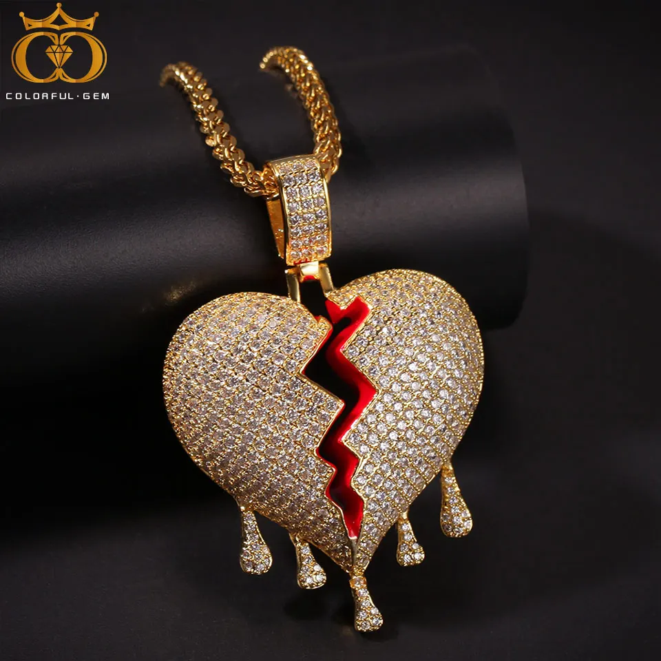 

colorful.gem Hip Hop AAA CZ Cubic Zirconia Bling Iced Out Broken Water Drop Heart Pendants Necklace for Men Rapper Jewelry