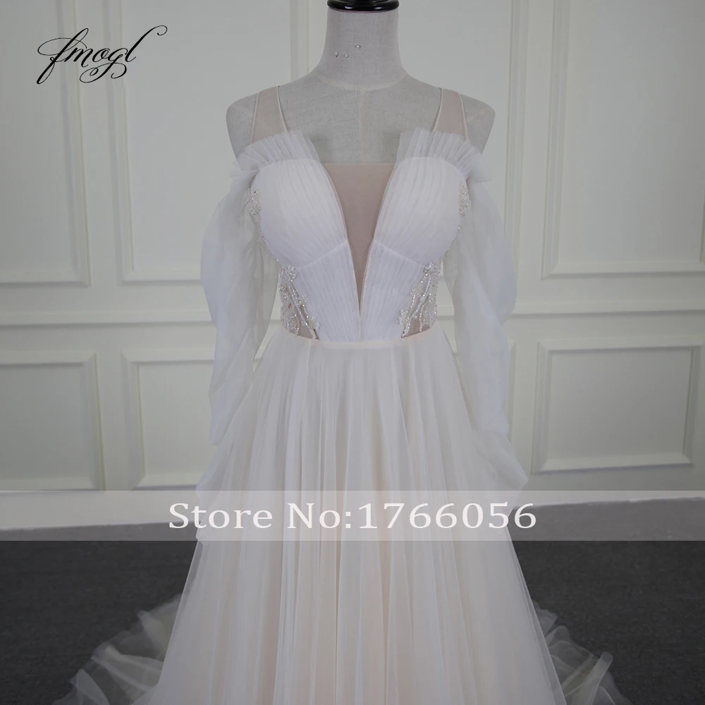 Fmogl Vestido De Noiva Сексуальная Иллюзия Пляжные Свадебные платья 2019 V шеи бисером жемчуг