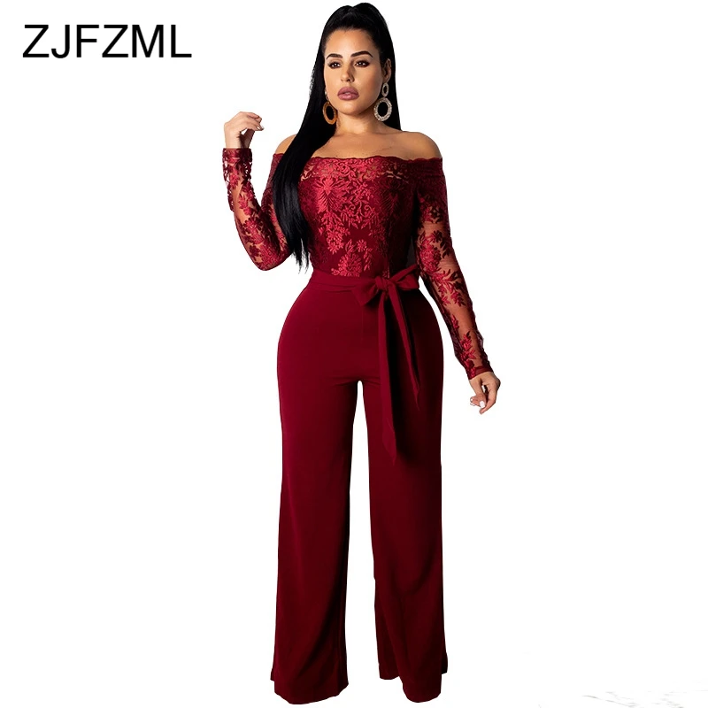 ZJFZML Long Sleeve Off Shoulder Lace Patchwork Sexy Jumpsuits with Belt Autumn Bodycon Romper Women Club Causal Long Overalls 