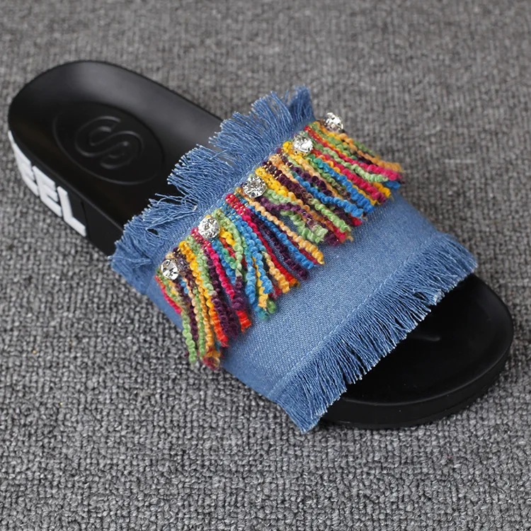 New Summer Colorful Fringed Leather Flat Heel Open Toe Slip Shoes Ladies Casual Slipper 2016 Woman Leisure Footwear Cheap59