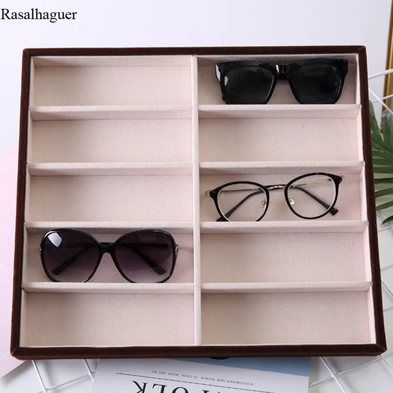 New Beige Velvet 10Grids Sunglasses Display Box Glasses Stand Display Jewellery Packaging Jewelry Organizer Tray Fashion Cases