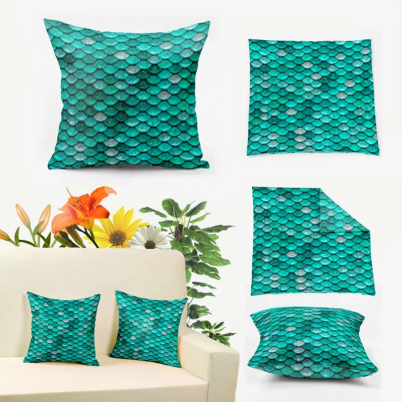 

Green/Blue/Pink/Gold Light Turquoise Sparkling Scales Mermaid Pillow Cover 40*40cm,Mermaid and Sun Sea Cushion Covers Home Decor