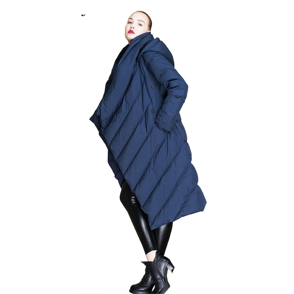 AYUNSUE зима женские куртки брендов теплый толстый 90% утка подпушка Длинные куртки с капюшоном нерегулярные мужские парки верхняя одежда LX2219 - Color: royal blue