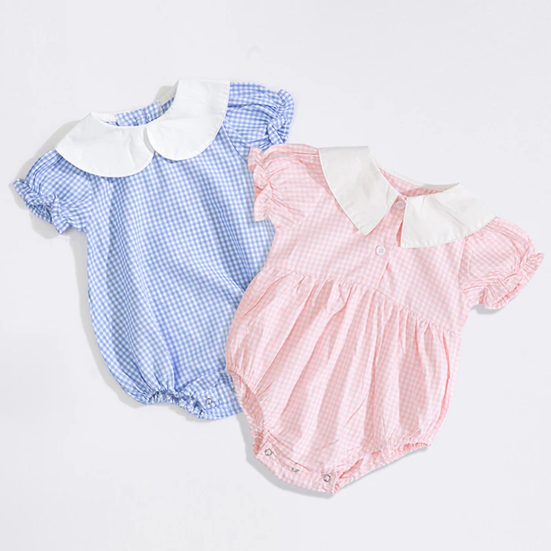 Дети Розовый боди для маленьких девочек одежда Рубашка с короткими рукавами хлопковый костюм с клетчатой маленький круглый воротник для лета комбинезон для новорожденных