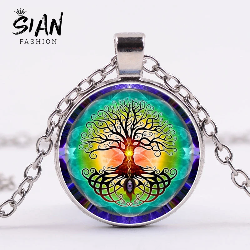 

SIAN Sacred Tree of Life Pendant Necklace Glass Dome Art Picture Life Tree Evil Eye Necklace for Women Men Healing Reiki Jewelry