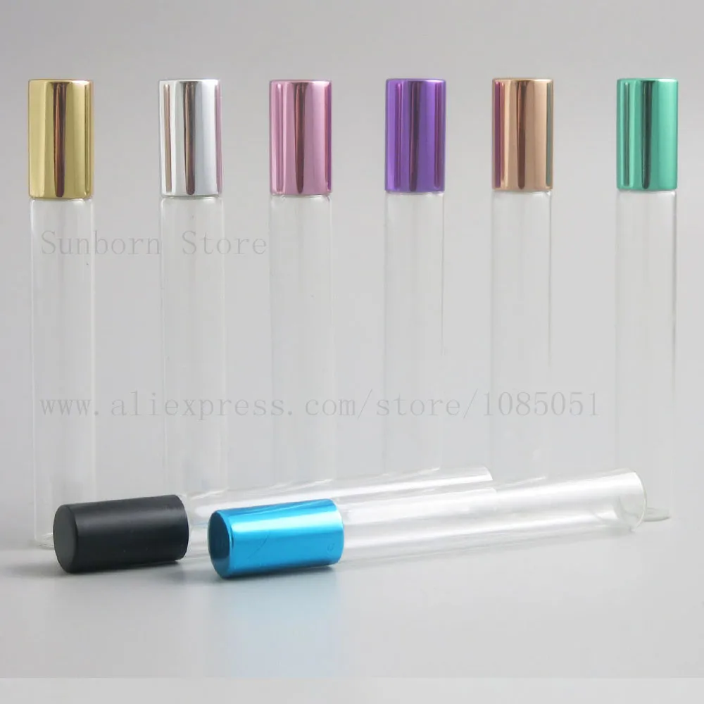 

5pcs 10ml clear Empty Roll On Bottle glass tube metal Ball e Liquid Essential Oil perfume With multicolor Cap