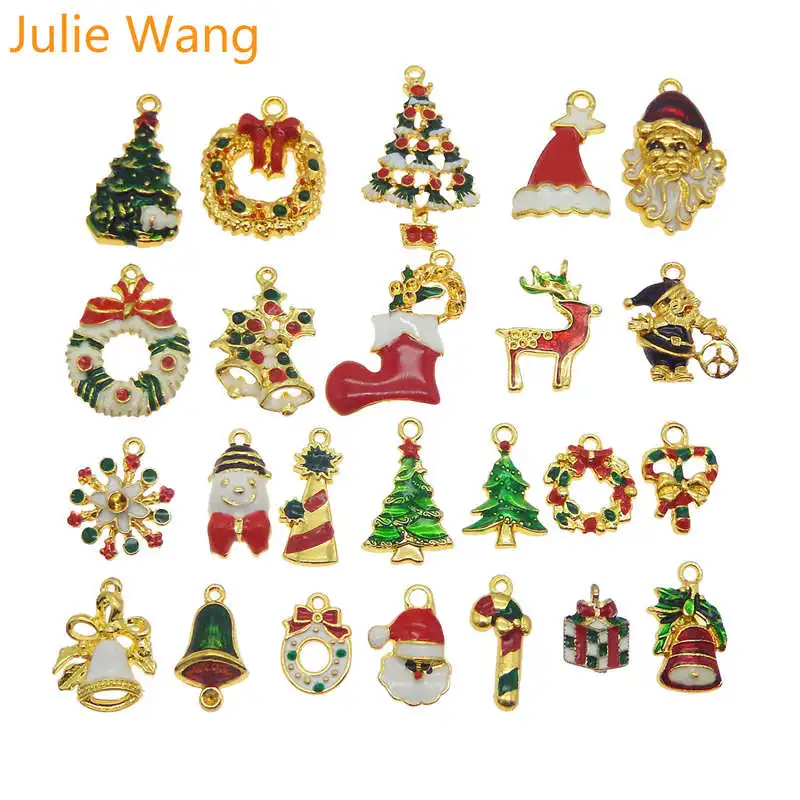 Julie Wang, 15 шт., случайная смесь, эмаль, цветные рождественские амулеты, золото, серебро, тон, ожерелье, браслет, ювелирное изделие, Рождественский Шарм