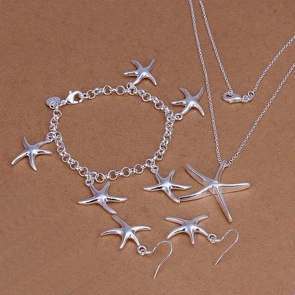 Ladies Fashion High Quality Sterling Silver Starfish Pendant Necklace + Bracelet Earrings Set Jewelry Parure | Украшения и